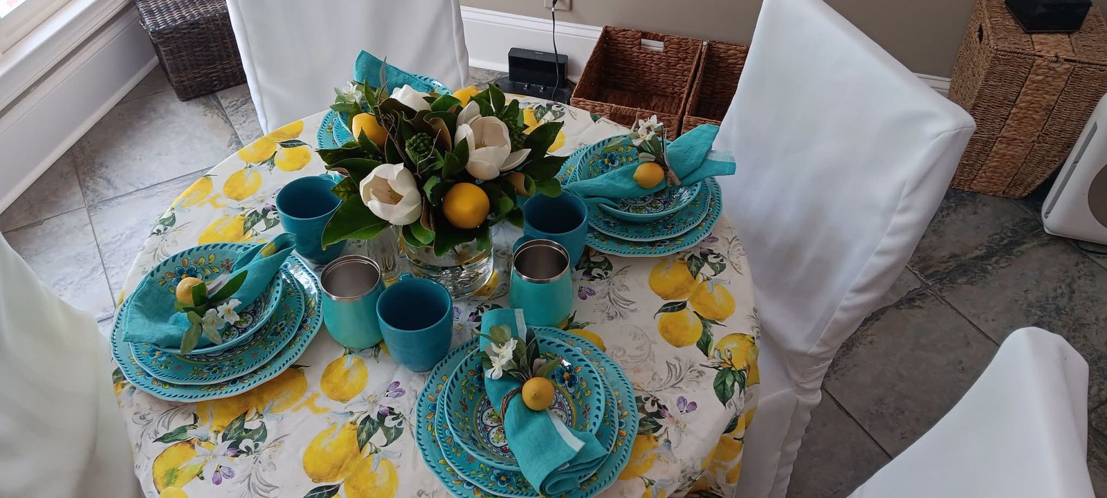 Lemon and teal table setting