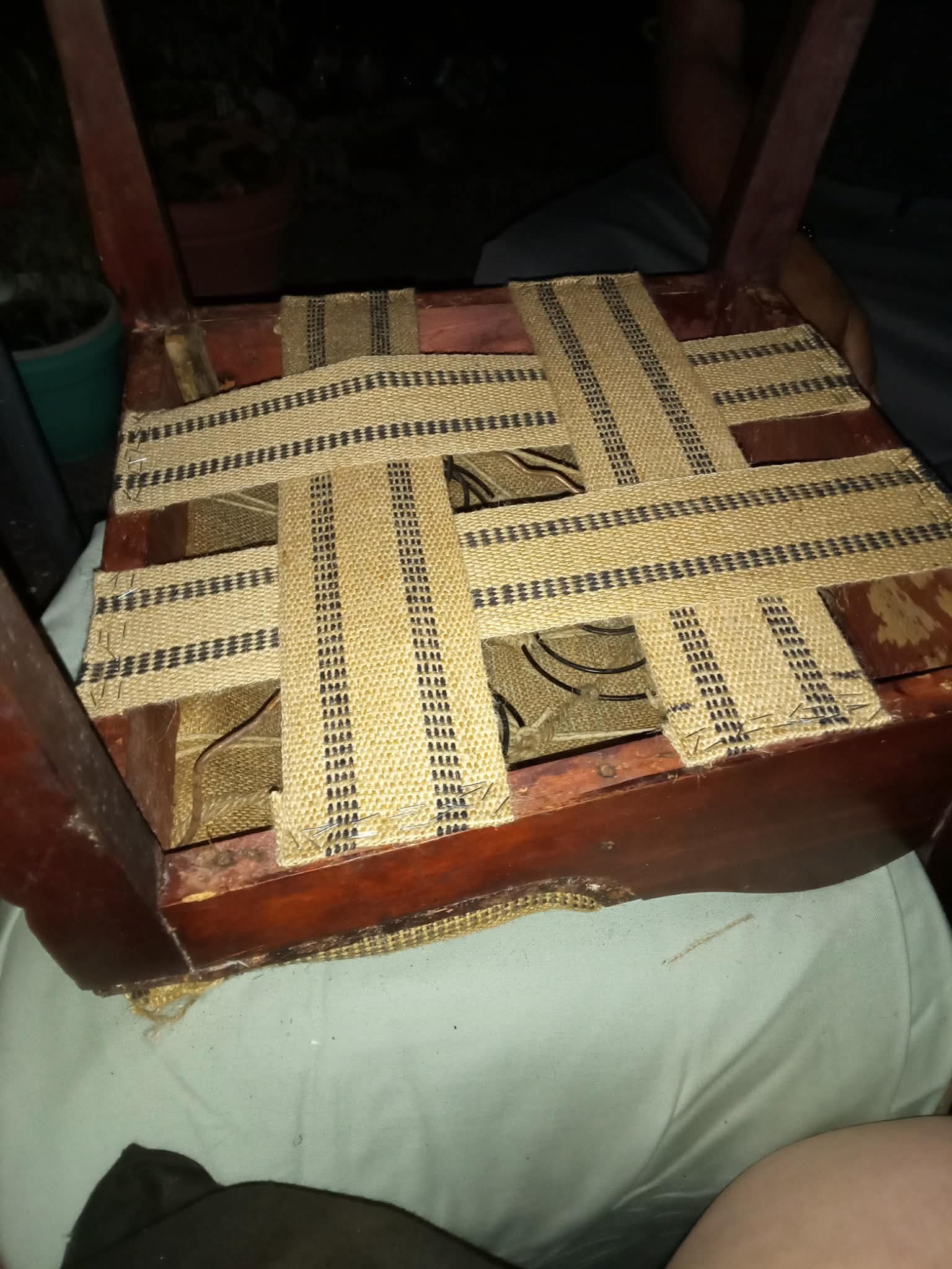 Before — chair frame with burlap webbing