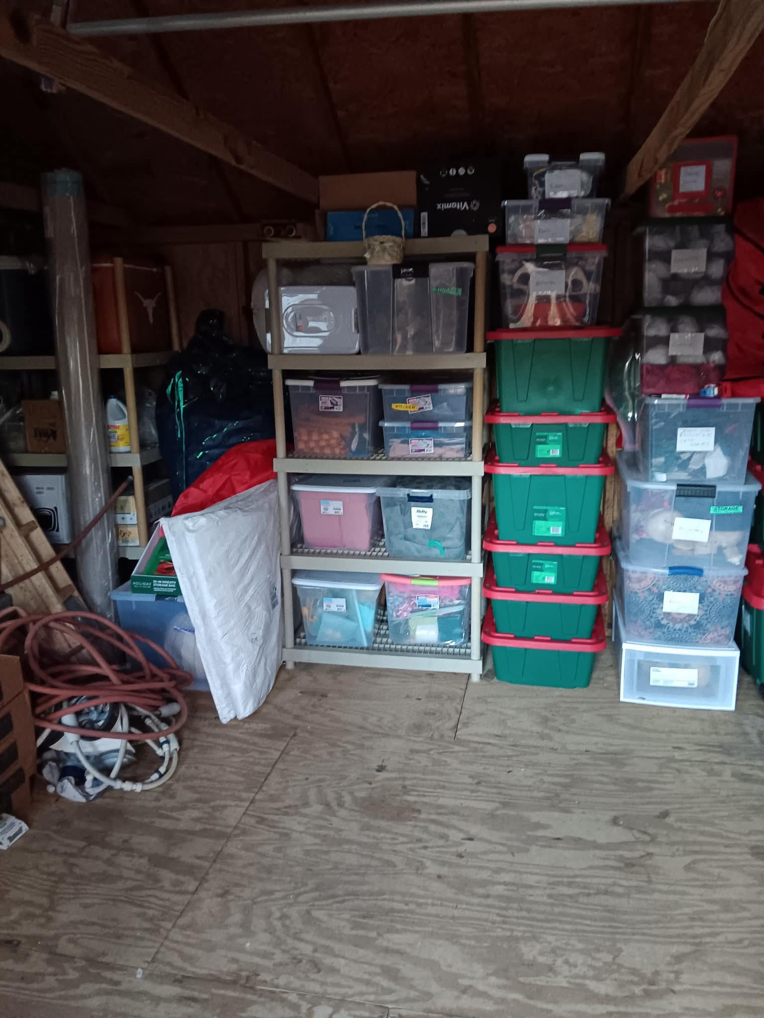 Organized storage shed with labeled bins and shelving