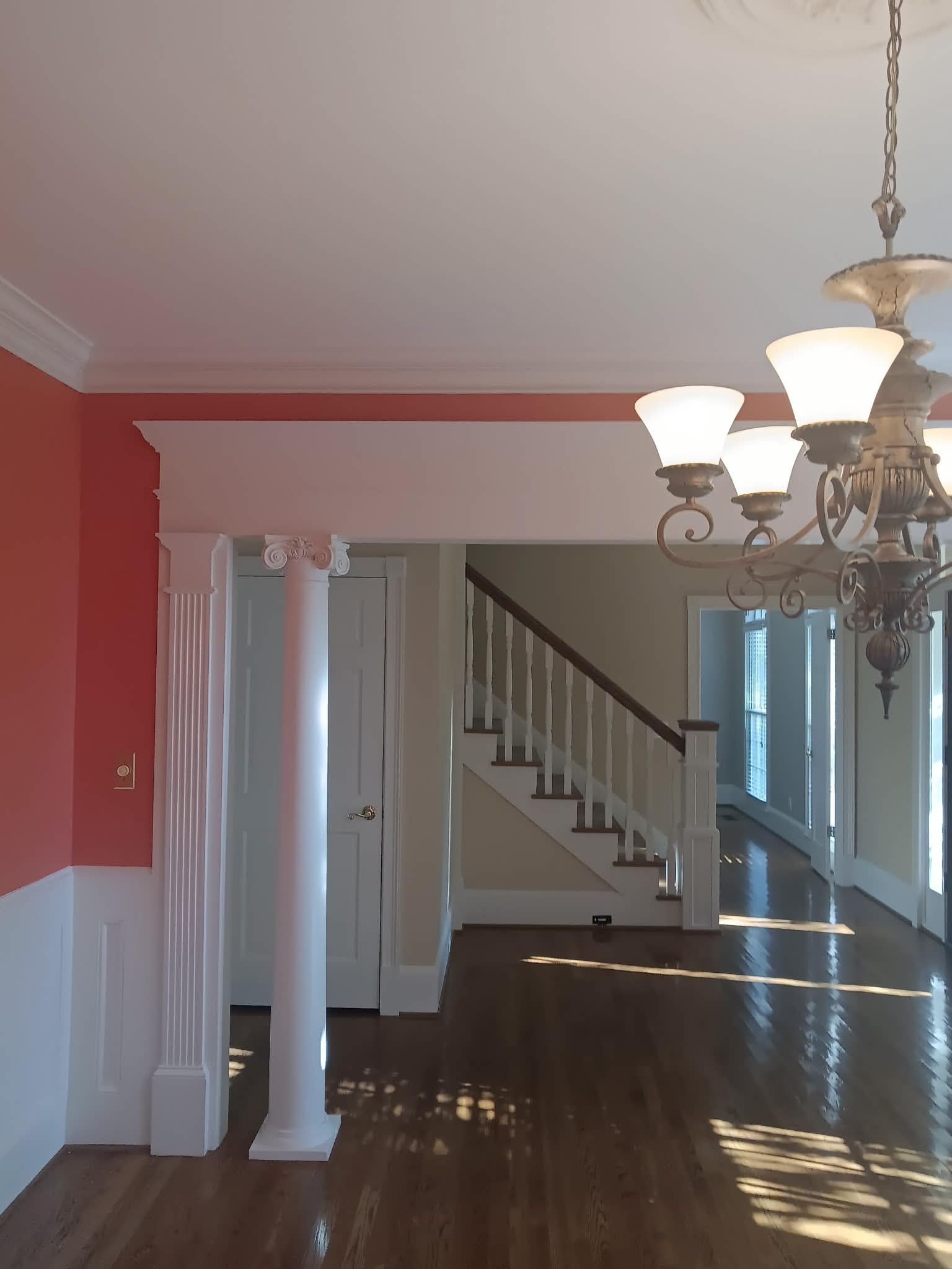 Formal dining area with columns